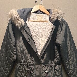 Copper Key Girls Quilted Jacket Olive Green Faux Fur Hood Size S 6-7